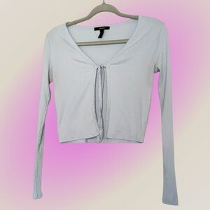 Forever 21 Tie Front Sweater Long Sleeve Rib Knit Crop Top Light Blue Size M